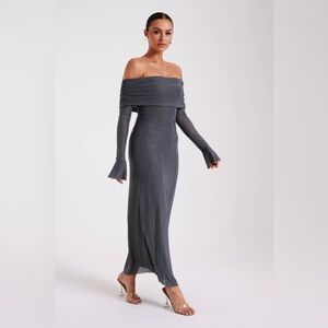 Meshki Marcel Off Shoulder Diamanté Maxi Dress (XXS) Gunmetal/Gray